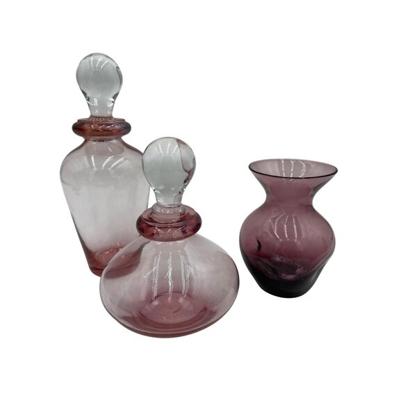 Vintage Pink Glass Decanter Set Stoppers & Vase Art Glass - Picture 1 of 14